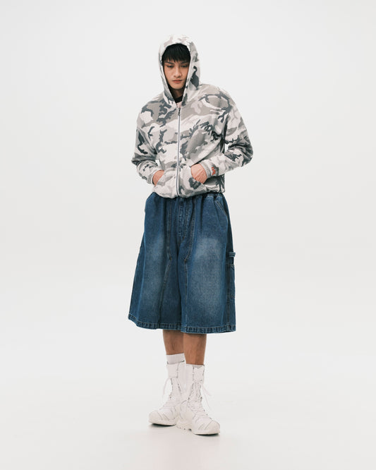 (nu-23) Slim Waffle Zip Hoodie Urban Woodland Camo