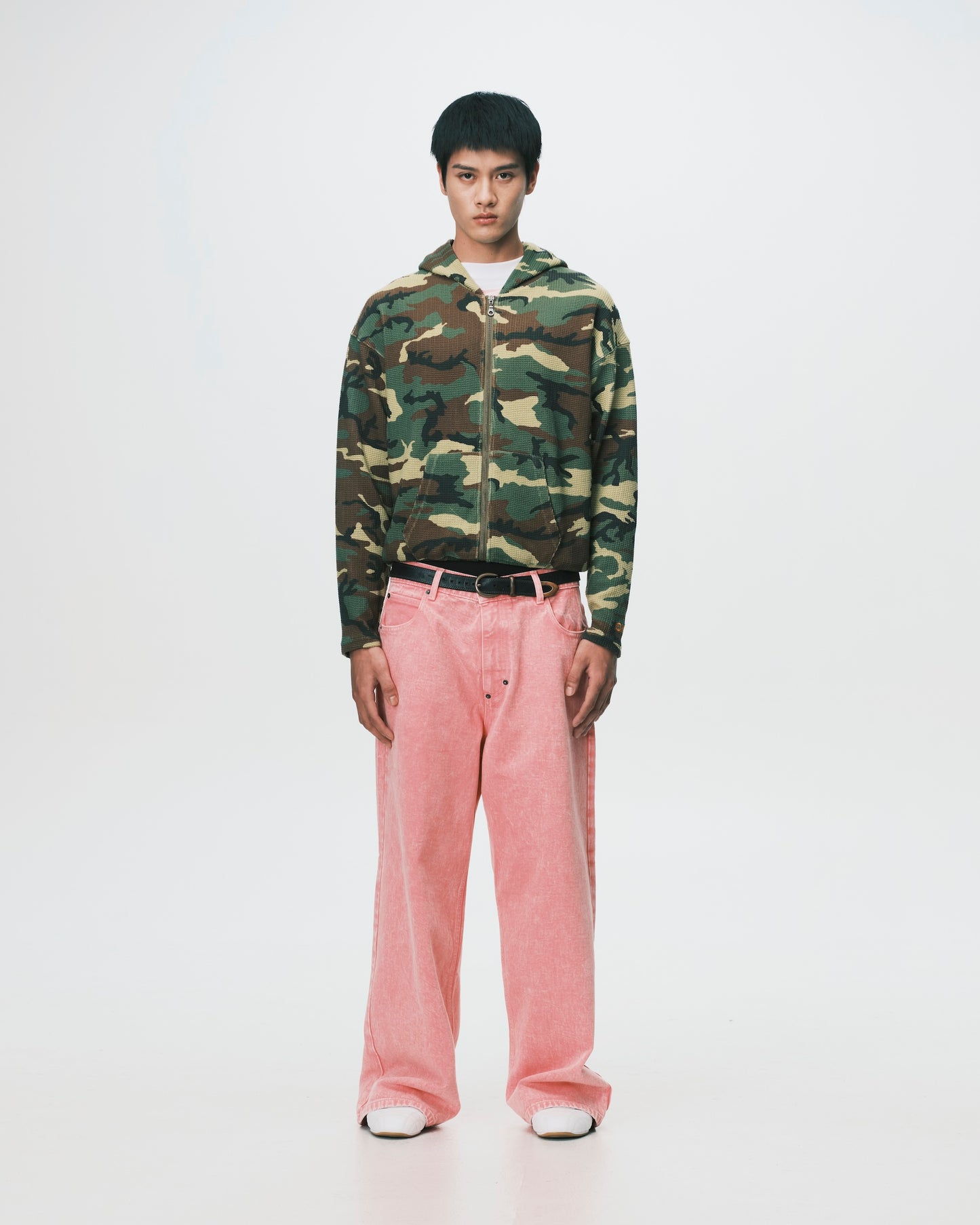 (nu-24) Slim Waffle Zip Hoodie Woodland Camo