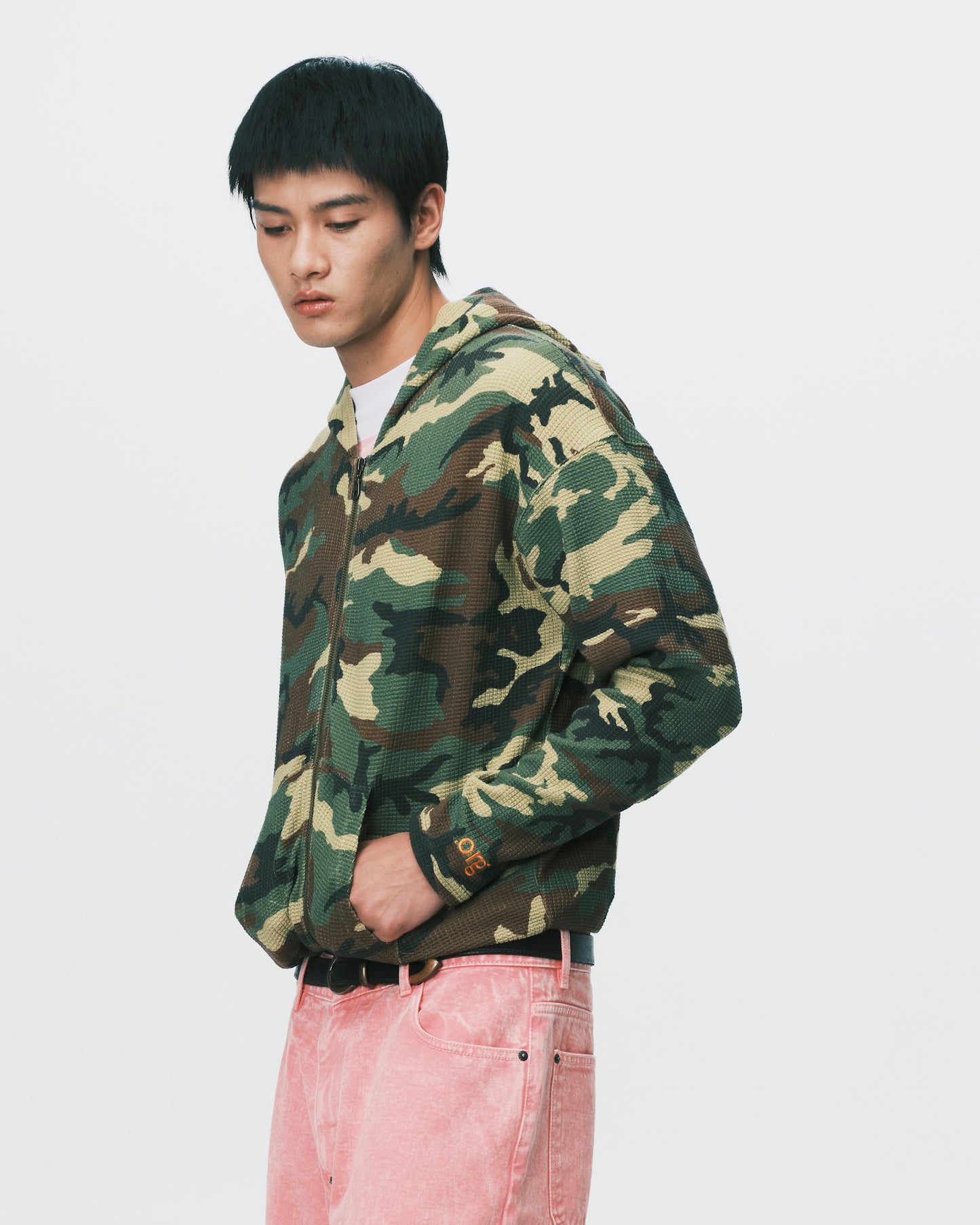 (nu-24) Slim Waffle Zip Hoodie Woodland Camo