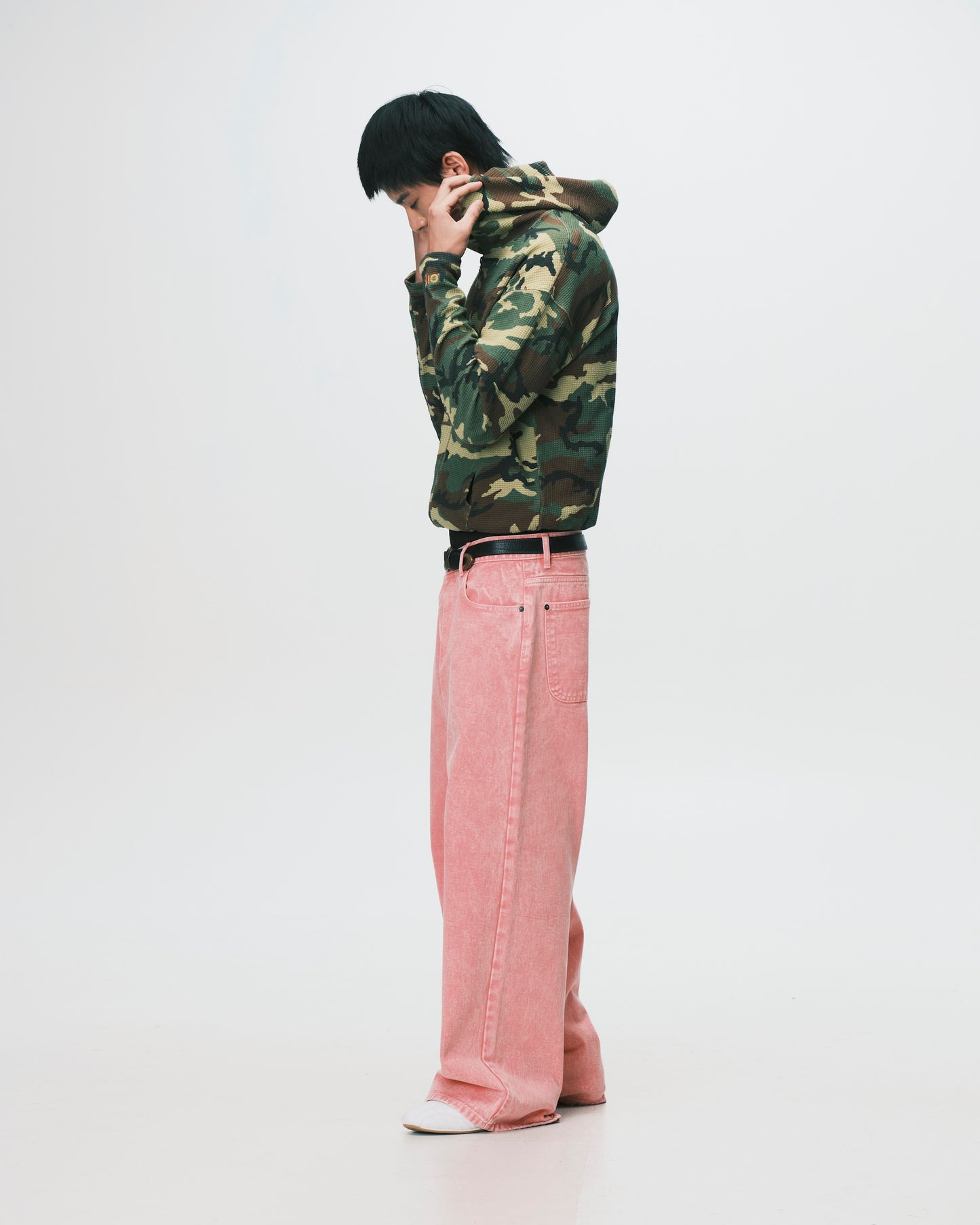 (nu-24) Slim Waffle Zip Hoodie Woodland Camo