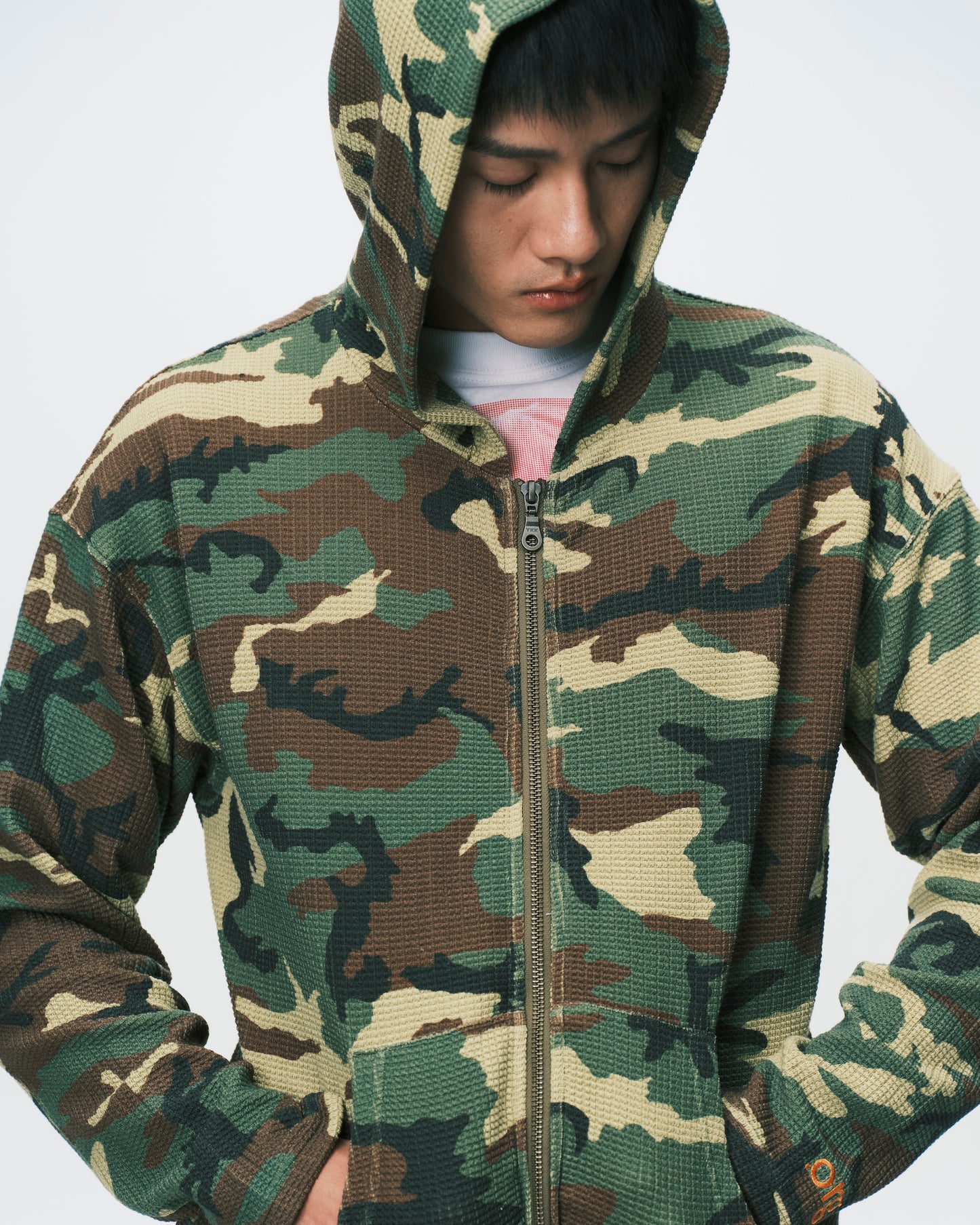(nu-24) Slim Waffle Zip Hoodie Woodland Camo