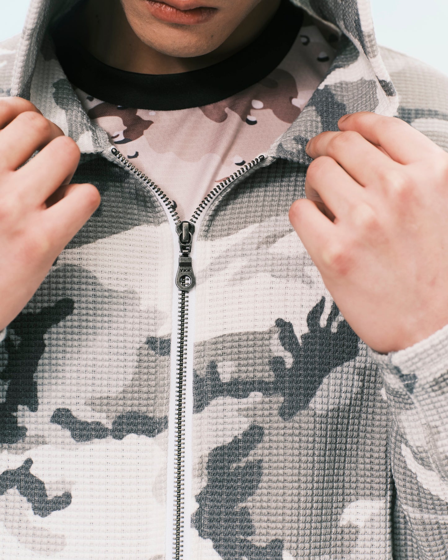(nu-23) Slim Waffle Zip Hoodie Urban Woodland Camo